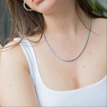 Load image into Gallery viewer, Woman wearing a silver necklace with a plant in the background
