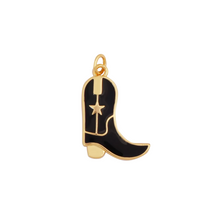 Load image into Gallery viewer, Black cowboy boot charm with gold accents on a white background
