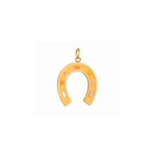 Load image into Gallery viewer, A gold-colored stainless steel charm in the shape of a cowboy boot with decorative elements on the top.
