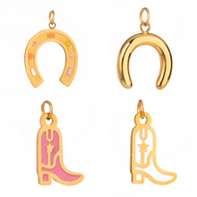 Load image into Gallery viewer, A collection of four gold-plated stainless steel charms in the shapes of a horseshoe, a boot with a pink toe, a boot with a star design, and a boot with a pink heel, each with a gold chain.
