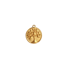 Load image into Gallery viewer, Round Gold pendant with family tree design on a white background
