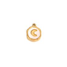 Load image into Gallery viewer, Gold and white crescent moon charm on a white background
