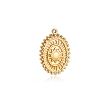 Load image into Gallery viewer, oval ornate charm with sun inscription
