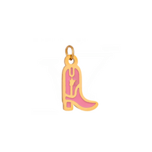 Load image into Gallery viewer, A gold-colored stainless steel charm in the shape of a pink cowboy boot with a small star detail.
